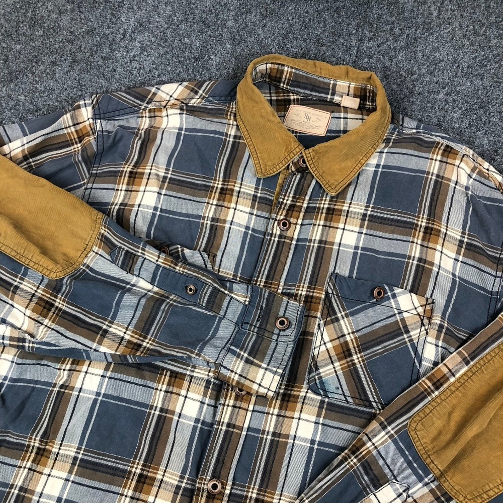 VTG Red Head Ranch Men XL Plaid Flannel Shirt Corduroy Collar Elbow Patches Blue